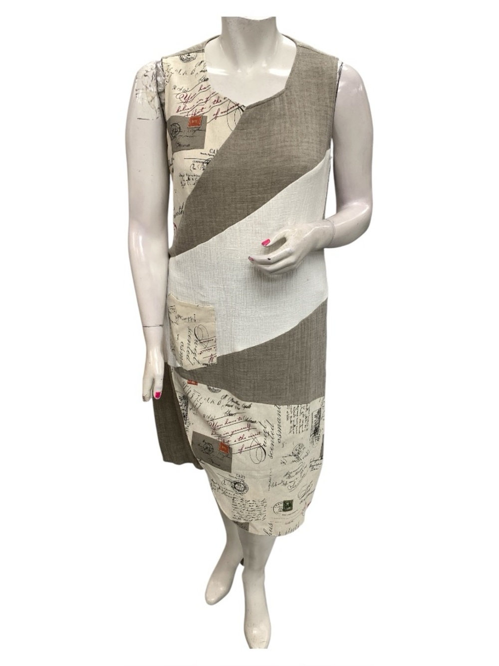 Amanda Collection Taupe and White Printed Linen-Blend Midi Dress Size Xl
